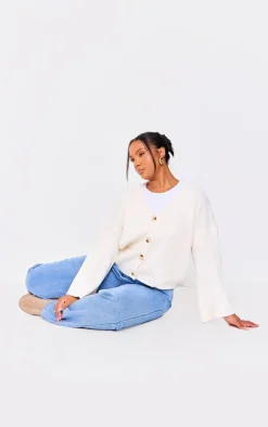 Online PrettyLittleThing Plus Knit Rib Button Cardigan Cream