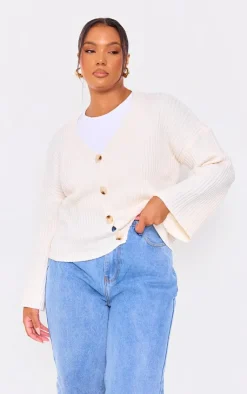 Online PrettyLittleThing Plus Knit Rib Button Cardigan Cream