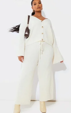 Discount PrettyLittleThing Plus Knit Rib Wide Leg Pants Cream