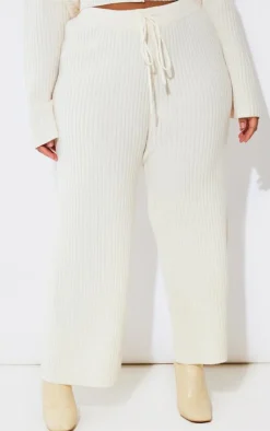 Discount PrettyLittleThing Plus Knit Rib Wide Leg Pants Cream