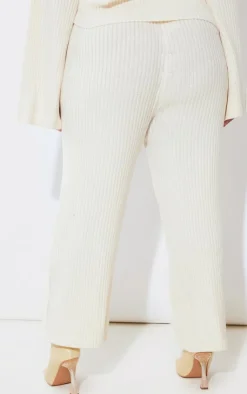 Discount PrettyLittleThing Plus Knit Rib Wide Leg Pants Cream