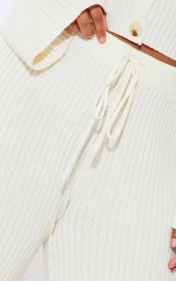 Discount PrettyLittleThing Plus Knit Rib Wide Leg Pants Cream