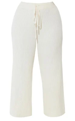 Discount PrettyLittleThing Plus Knit Rib Wide Leg Pants Cream