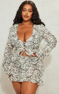 Sale PrettyLittleThing Plus Leopard Lace Up Ruffle Top Cream