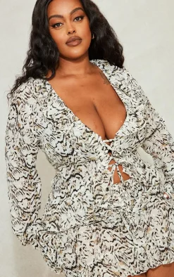 Sale PrettyLittleThing Plus Leopard Lace Up Ruffle Top Cream