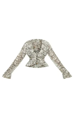 Sale PrettyLittleThing Plus Leopard Lace Up Ruffle Top Cream