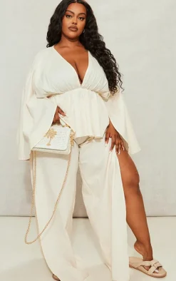 Best PrettyLittleThing Plus Linen Look Drape Detail Pants Cream