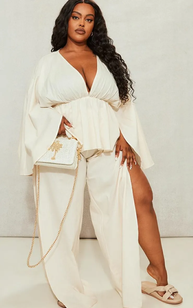 Best PrettyLittleThing Plus Linen Look Drape Detail Pants Cream
