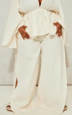 Best PrettyLittleThing Plus Linen Look Drape Detail Pants Cream