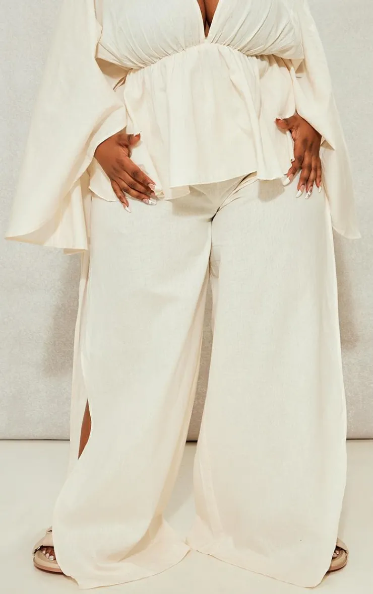 Best PrettyLittleThing Plus Linen Look Drape Detail Pants Cream