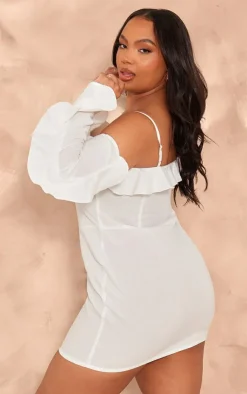 Plus Linen Look Frill Bardot Bodycon Dress-PrettyLittleThing Hot