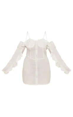 Plus Linen Look Frill Bardot Bodycon Dress-PrettyLittleThing Hot