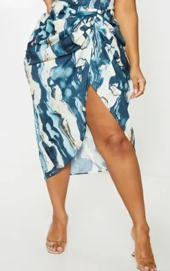 Clearance PrettyLittleThing Plus Marble Print Ruched Side Midi Skirt Cream