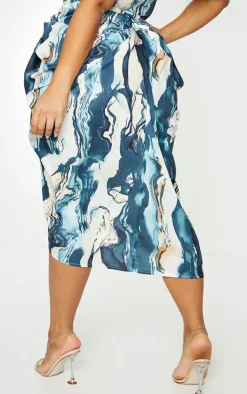Clearance PrettyLittleThing Plus Marble Print Ruched Side Midi Skirt Cream