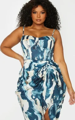 Best PrettyLittleThing Plus Marble Print Structured Corset Top Cream