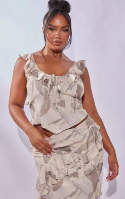 Best PrettyLittleThing Plus Mark Printed Ruffle Scoop Neck Top Cream
