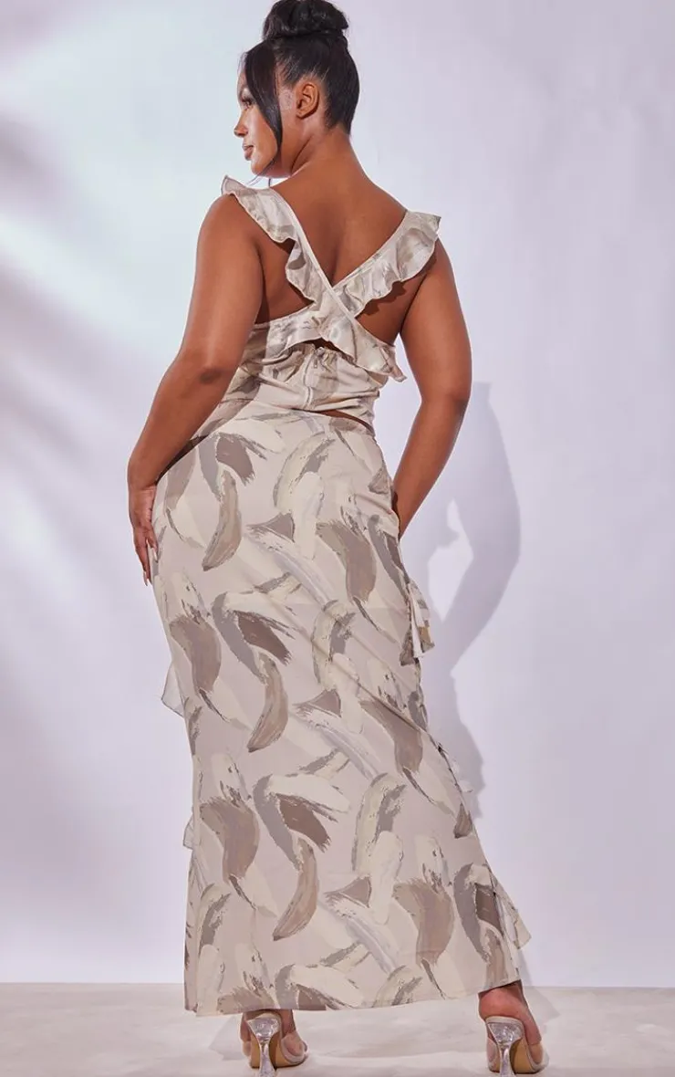 Best PrettyLittleThing Plus Mark Printed Ruffle Scoop Neck Top Cream