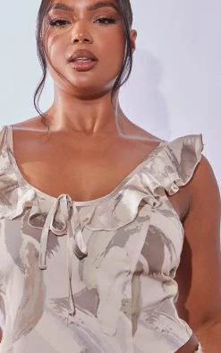 Best PrettyLittleThing Plus Mark Printed Ruffle Scoop Neck Top Cream