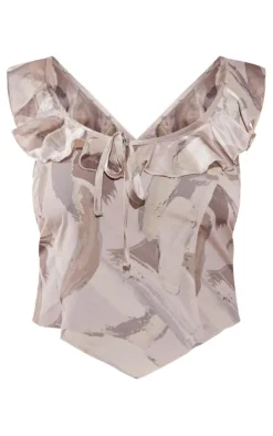 Best PrettyLittleThing Plus Mark Printed Ruffle Scoop Neck Top Cream