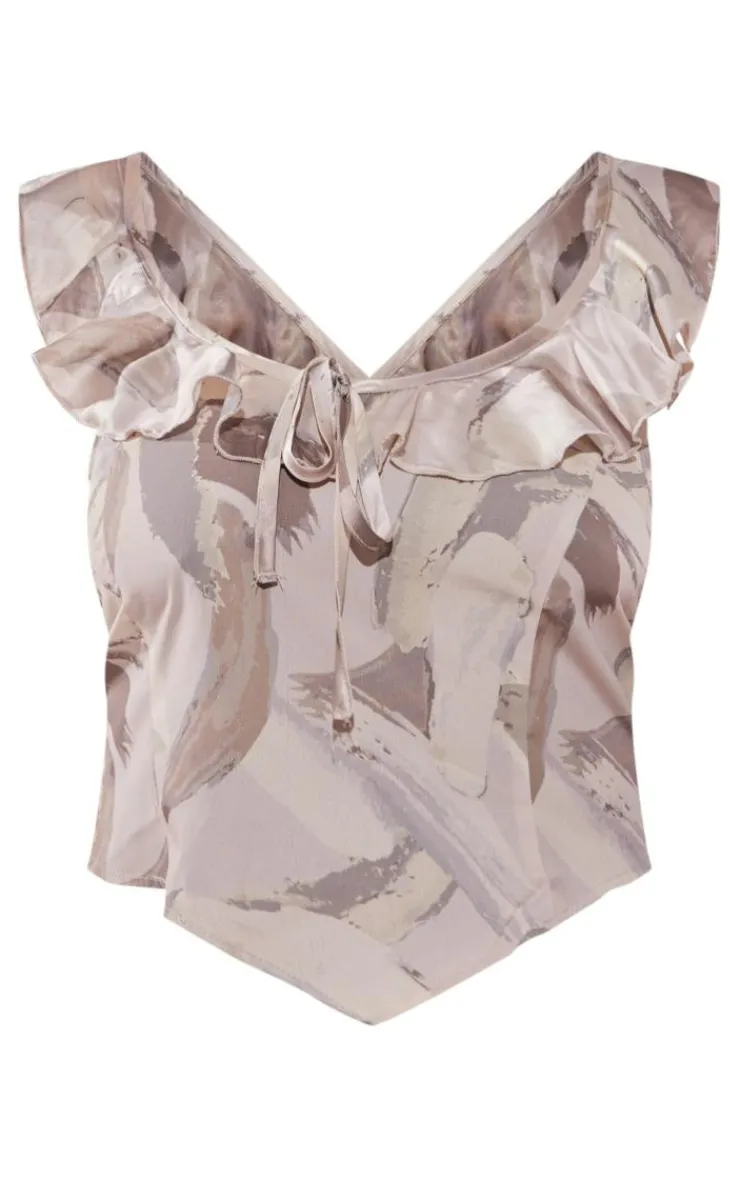 Best PrettyLittleThing Plus Mark Printed Ruffle Scoop Neck Top Cream