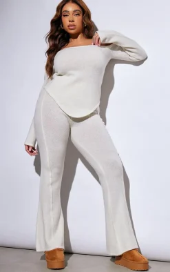 Online PrettyLittleThing Plus Marl Knit Wide Leg Pants Cream