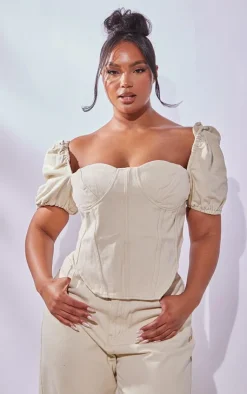 Outlet PrettyLittleThing Plus Puff Sleeve Denim Corset Top Cream