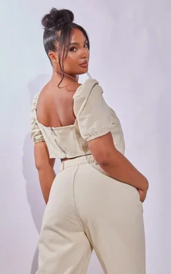 Outlet PrettyLittleThing Plus Puff Sleeve Denim Corset Top Cream