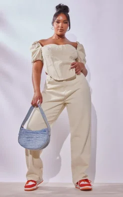 Outlet PrettyLittleThing Plus Puff Sleeve Denim Corset Top Cream