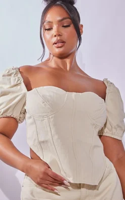 Outlet PrettyLittleThing Plus Puff Sleeve Denim Corset Top Cream