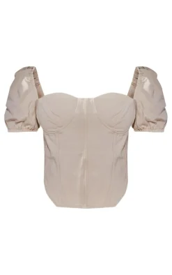 Outlet PrettyLittleThing Plus Puff Sleeve Denim Corset Top Cream
