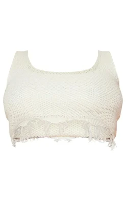 Hot PrettyLittleThing Plus Raw Hem Knit Crop Top Cream