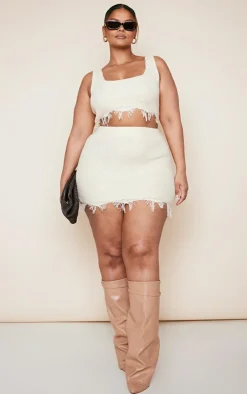 Discount PrettyLittleThing Plus Raw Hem Knit Skirt Cream