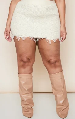 Discount PrettyLittleThing Plus Raw Hem Knit Skirt Cream