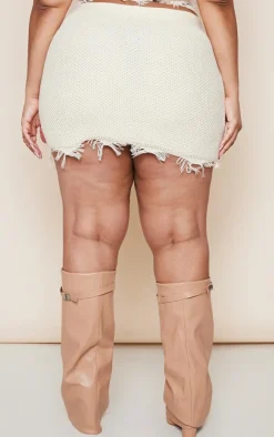 Discount PrettyLittleThing Plus Raw Hem Knit Skirt Cream
