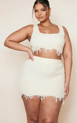 Discount PrettyLittleThing Plus Raw Hem Knit Skirt Cream