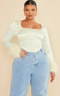 PrettyLittleThing Corsets*Plus Satin Feather Trim Corset Top