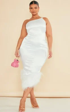 Plus Satin Feather Trim One Shoulder Midi Dress-PrettyLittleThing Discount