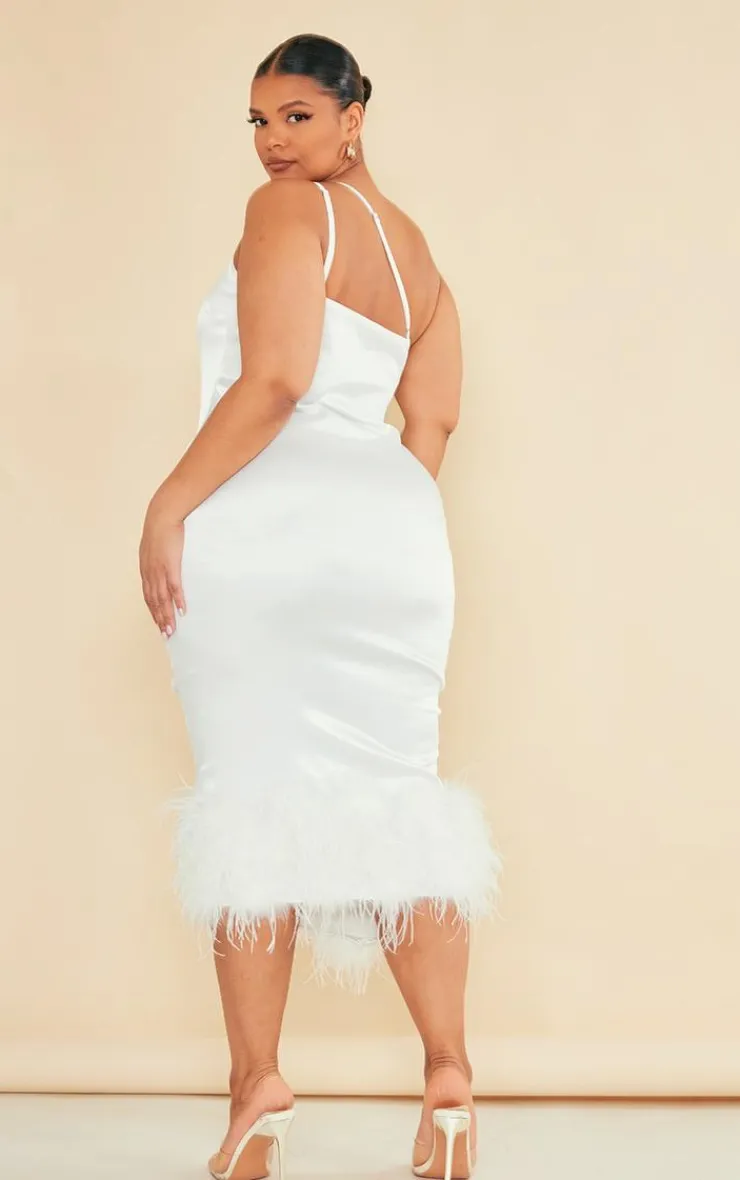 Plus Satin Feather Trim One Shoulder Midi Dress-PrettyLittleThing Discount