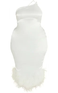 Plus Satin Feather Trim One Shoulder Midi Dress-PrettyLittleThing Discount