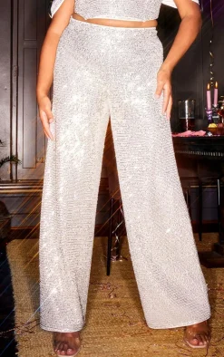 Clearance PrettyLittleThing Plus Sequin High Waist Wide Leg Pants Cream