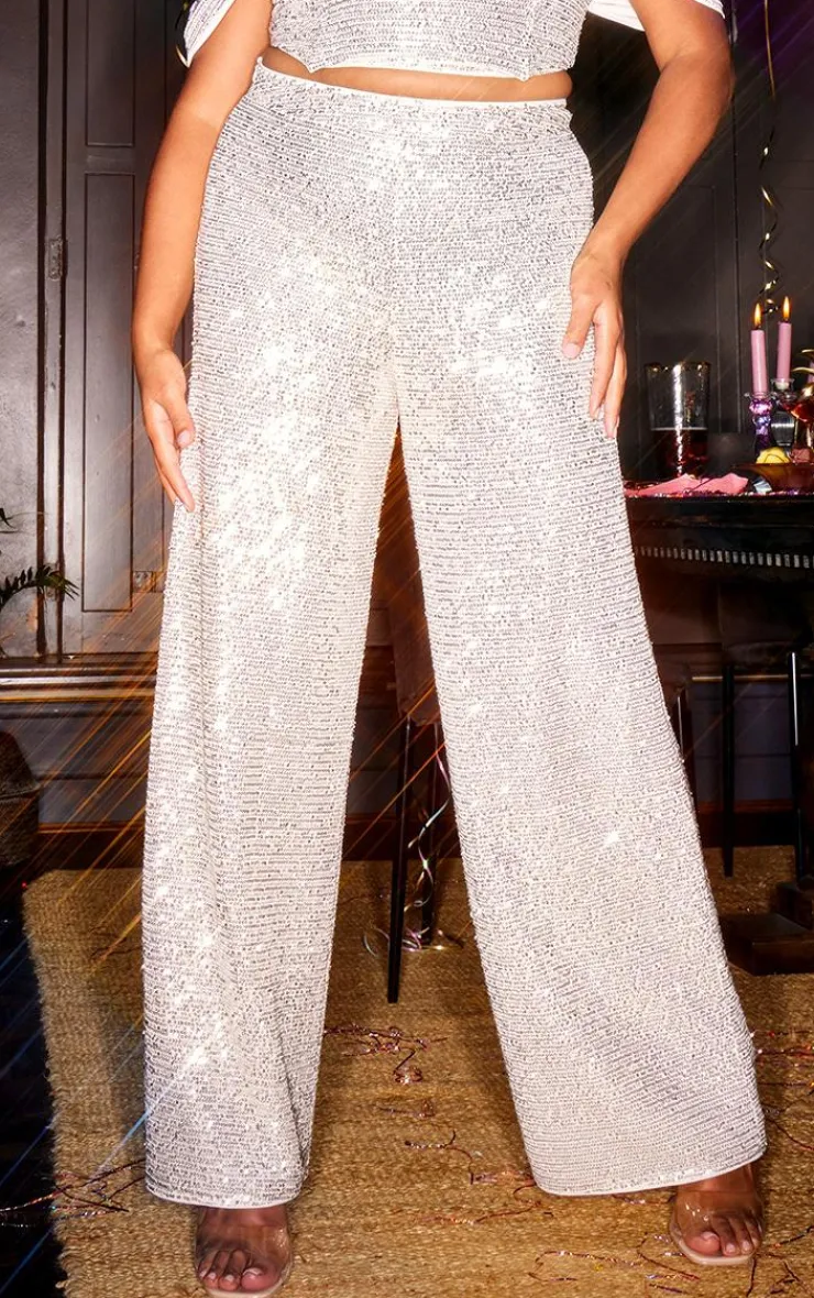 Clearance PrettyLittleThing Plus Sequin High Waist Wide Leg Pants Cream