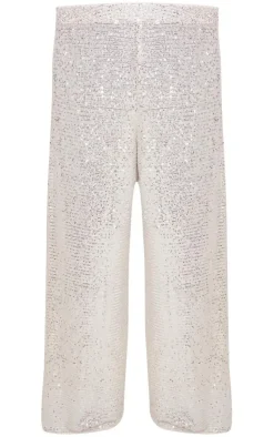 Clearance PrettyLittleThing Plus Sequin High Waist Wide Leg Pants Cream