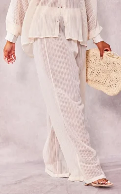 PrettyLittleThing Plus Sheer Stripe Wide Leg Pants Cream
