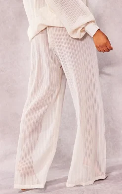 PrettyLittleThing Plus Sheer Stripe Wide Leg Pants Cream