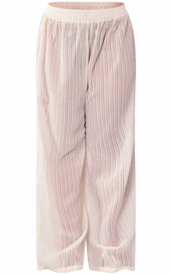 PrettyLittleThing Plus Sheer Stripe Wide Leg Pants Cream