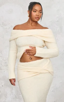 Best PrettyLittleThing Plus Soft Bobble Knit Bardot Foldover Top Cream