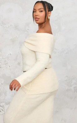 Best PrettyLittleThing Plus Soft Bobble Knit Bardot Foldover Top Cream