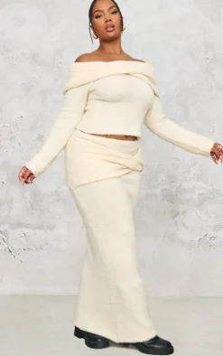 Best PrettyLittleThing Plus Soft Bobble Knit Bardot Foldover Top Cream
