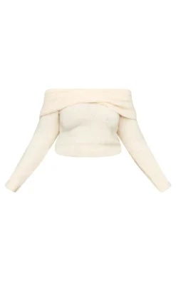 Best PrettyLittleThing Plus Soft Bobble Knit Bardot Foldover Top Cream