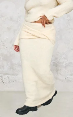 Online PrettyLittleThing Plus Soft Bobble Knit Foldover Maxi Skirt Cream